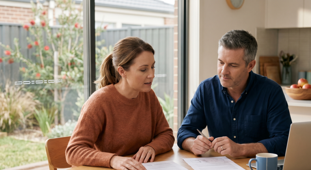 How to evaluate a property offer — seller comparing two written offers on a home at a kitchen table