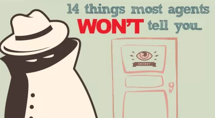 a graphic image with the words '14 things most agents won't tell you' and a cartoon of a spy and a door that says 'secret'