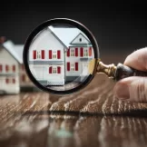 Hand Holding Magnifying Glass Up To Model Home