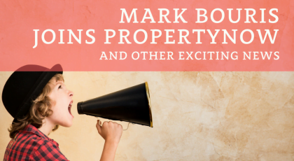 a graphic image of a woman with a bullhorn and the text 'Mark Bouris Joins PropertyNow And Other Exciting News'