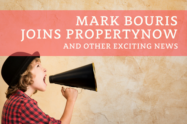 a graphic image of a woman with a bullhorn and the text 'Mark Bouris Joins PropertyNow And Other Exciting News'