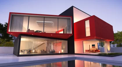 a cube-shaped modern house in red, black, and white colours