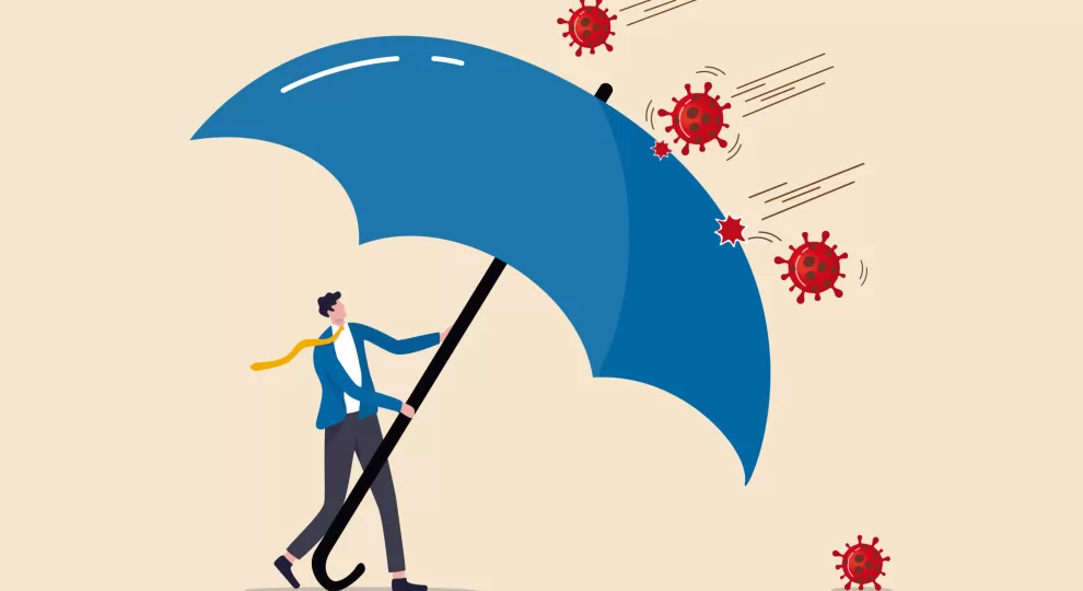 a cartoon of a man using a giant umbrella as a shield against viruses