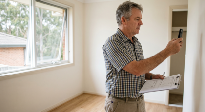 Man inspecting room with clipboard