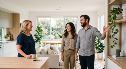 Questions buyers ask at inspections — a seller chatting with buyers in their home
