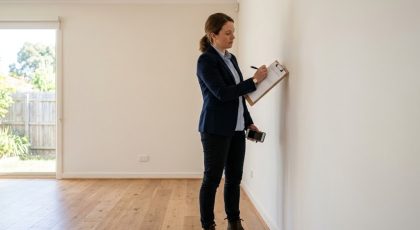 Landlord completing an entry condition report in an empty room before the tenant moves in