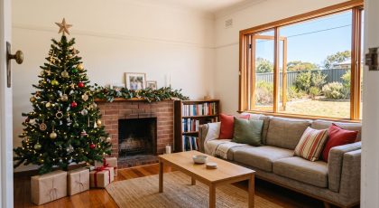 Living room decorated for Christmas and presented tidily for a home inspection