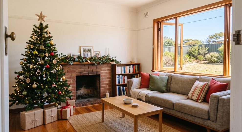 Living room decorated for Christmas and presented tidily for a home inspection