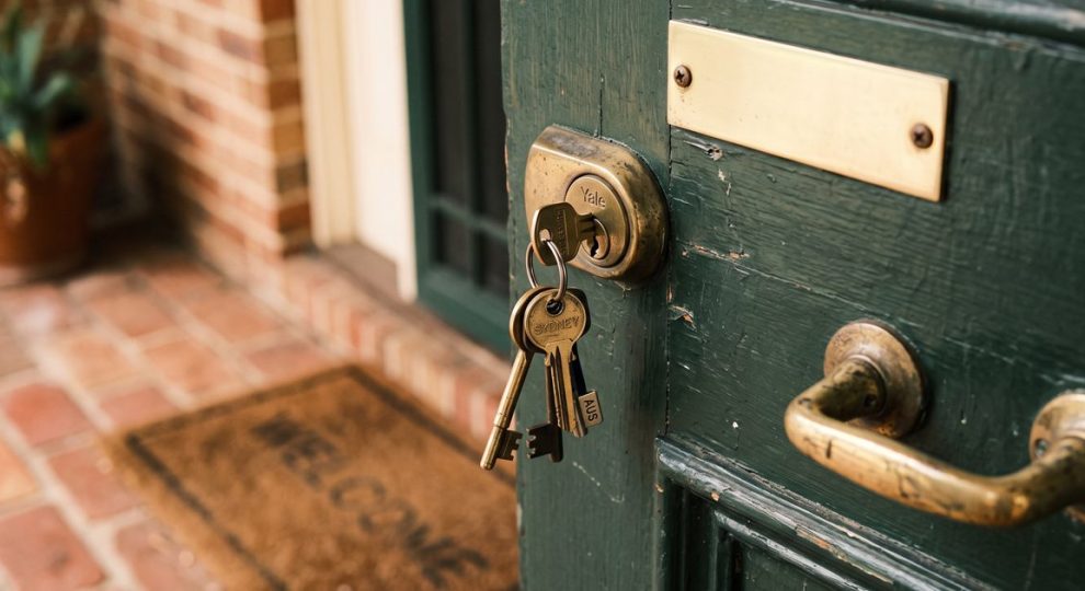 House keys hanging in the front door lock of an Australian home