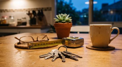 House keys and a tape measure on a kitchen table while a homeowner gets organised to sell privately