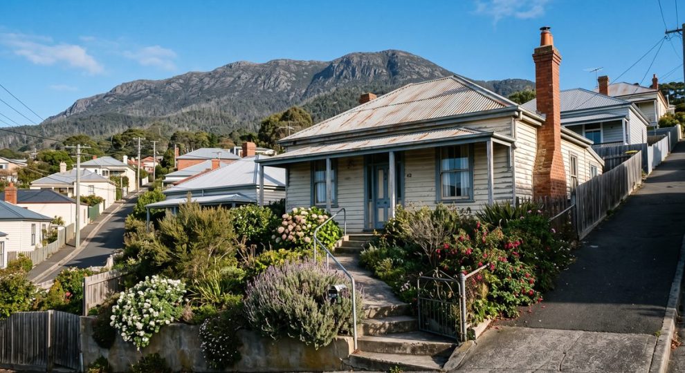 Weatherboard cottage on a Hobart hillside street