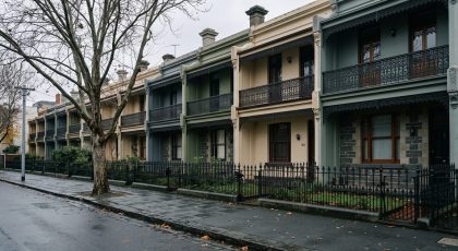Row of Victorian terrace houses in inner Melbourne on an overcast day