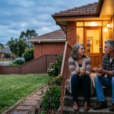 Australian couple on the front steps of their brick home at dusk, weighing up a private sale vs a real estate agent