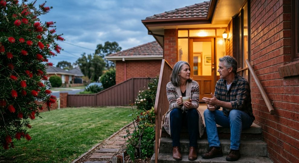 Australian couple on the front steps of their brick home at dusk, weighing up a private sale vs a real estate agent