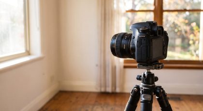 Camera on a tripod set up to photograph a room in a house