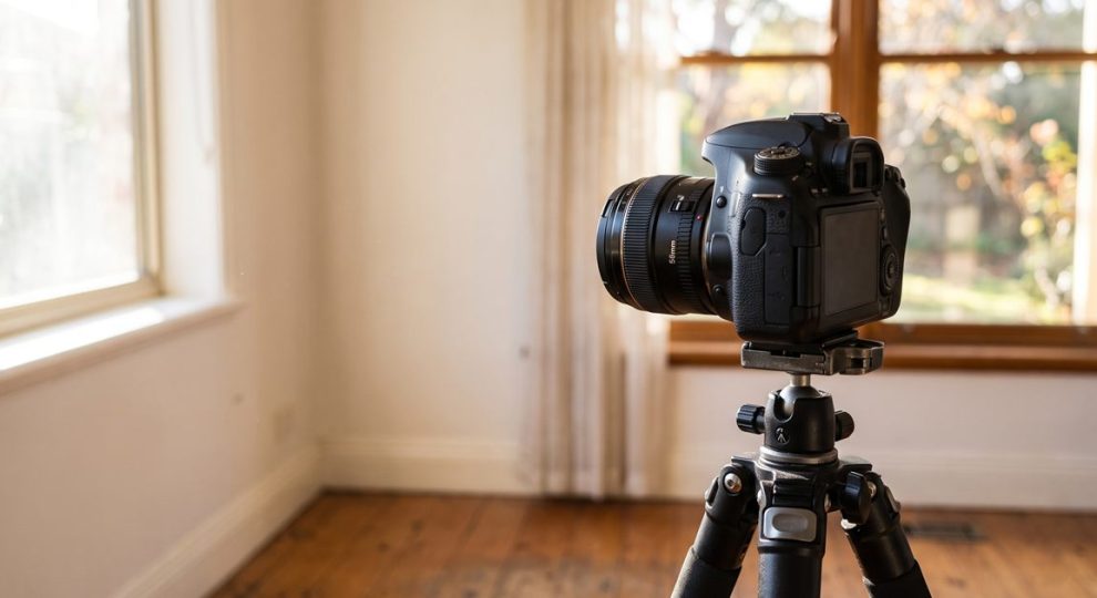 Camera on a tripod set up to photograph a room in a house