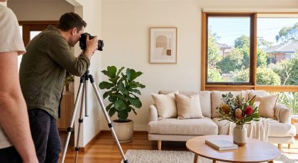 Person photographing a bright styled living room on a tripod for a property listing