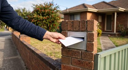 A landlord's hand posting a rent increase notice into a brick letterbox outside an Australian rental home