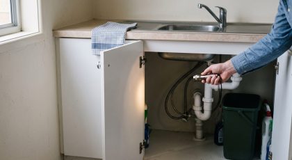 Landlord shining a torch under a kitchen sink during a routine rental inspection