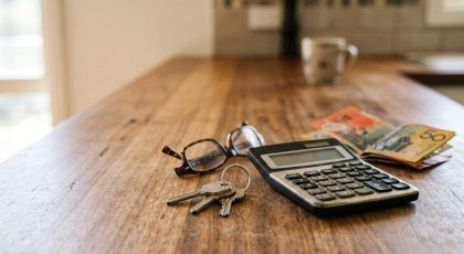 House keys and a calculator on a kitchen bench, representing commission saved when selling privately