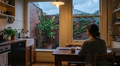 A Victorian home seller sitting at a terrace kitchen table on a rainy spring evening, getting ready to sell privately