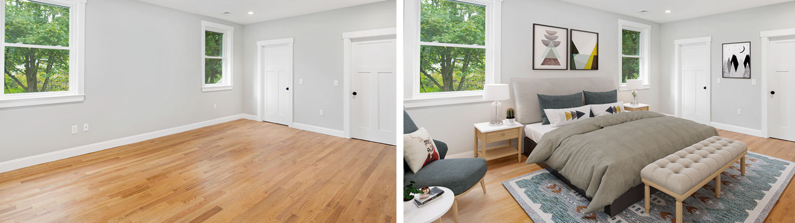 Virtual staging example: bedroom, before and after