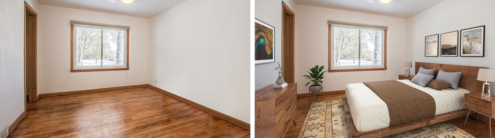 Virtual staging example: bedroom, before and after