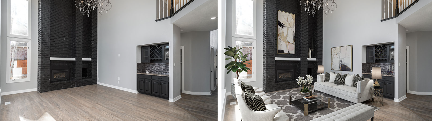 Virtual staging example: living room, before and after