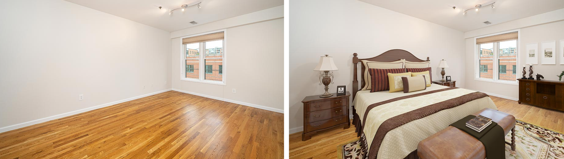 Virtual staging example: main bedroom, before and after