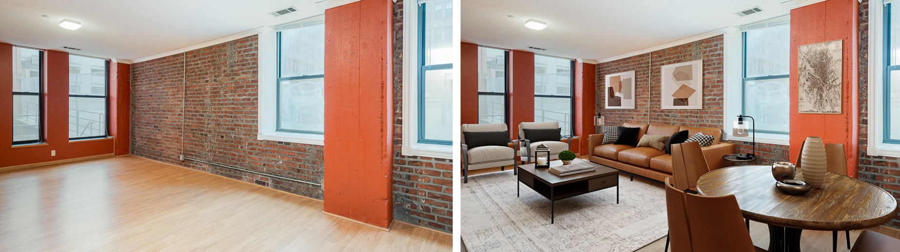 Virtual staging example: open-plan living and dining, before and after