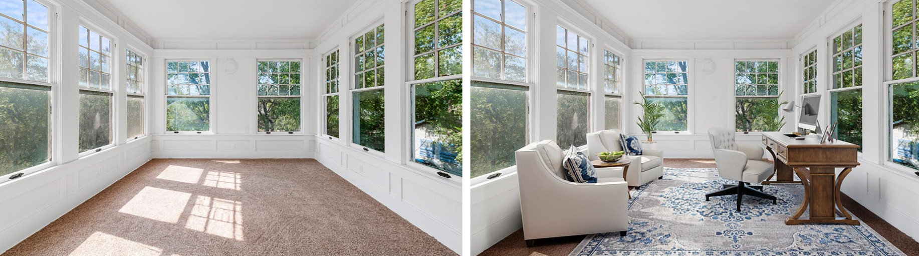Virtual staging example: sunroom set up as a study, before and after