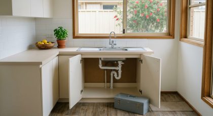 Tidy Australian rental kitchen with the under-sink cupboard open and a toolbox ready for a repair visit, the kind of entry that needs a landlord entry notice